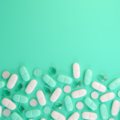 3d rendering of some green and white tablets, pills - Medicine on green background.