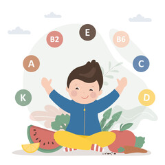 Happy healthy boy select proper nutrition. Vegetables and fruit mix. Food containing many useful vitamins, nutrition for growing organism. Green vegetarian nutrition for kids.