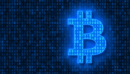 Illustation of bitcoin sign in light blue and in the background in dark blue a coding of binary code. - abstract background