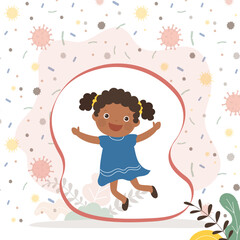 Female character protected from bacteria and viruses. African american child with best immunity. Cute healthy kid girl. Concept of healthy lifestyle and good habits.