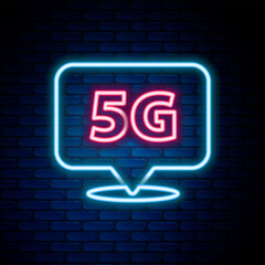 Glowing neon line Location 5G new wireless internet wifi connection icon isolated on brick wall background. Global network high speed connection data rate technology. Colorful outline concept. Vector