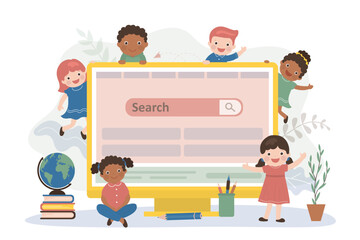 Multiethnic children students around large monitor. Search bar on display. Internet search technology. Learning with the help of internet and online information. Teamwork, school tasks.