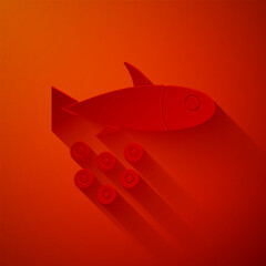 Paper cut Fish with caviar icon isolated on red background. Paper art style. Vector.