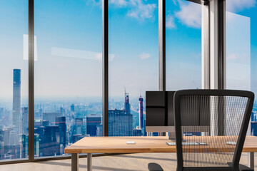 large modern office with desk and workspace facing panoramic skyline view; career management concept; 3D Illustration