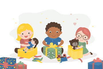 Obraz premium Multiethnic children unpack gifts. Boxing day, gifts for kids for Christmas and New Year. Joint birthday celebration.