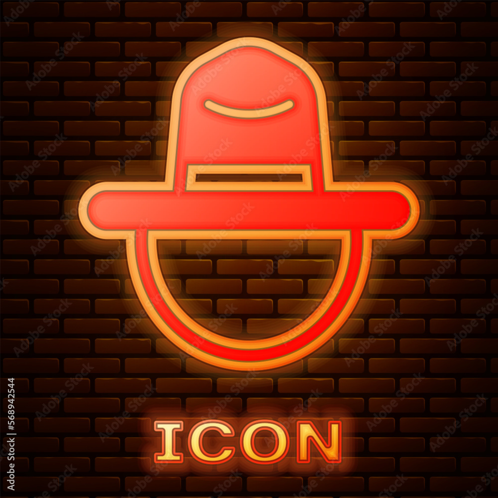 Wall mural glowing neon canadian ranger hat uniform icon isolated on brick wall background. vector