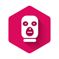 White Thief mask icon isolated with long shadow. Bandit mask, criminal man. Pink hexagon button. Vector