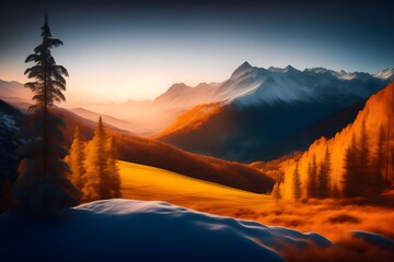 Mountain Sunrise: Where Snowy Trees Meet Radiant Sunbeams