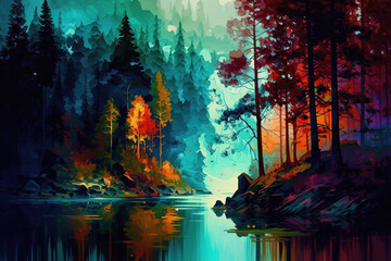 Obraz na płótnie Canvas Forest Lake in Abstract Style and Watercolors - Forest in Watercolors Series - Forest Lake Abstract Style Watercolors background wallpaper created with Generative AI technology