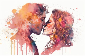 Double exposure of a loving couple kissing with colorful watercolor splashes.