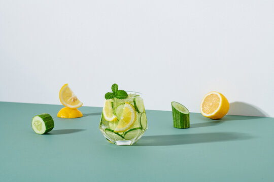 Refreshing cucumber cocktail, lemonade, detox water in a glass