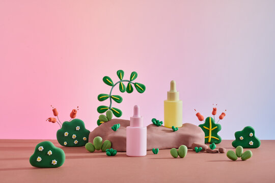 Realistic set of soil with plant and green grass