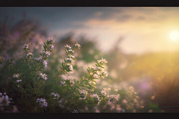 Blooming Thyme Flowers on Sunset Wallpaper, Lavender-colored, Generative AI Digital Illustration