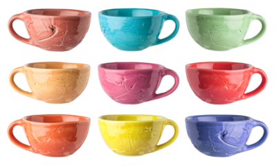 A set of colored mugs, handmade ceramic cups on a transparent background. isolated object. Element for design