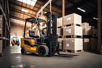 Forklift loads pallets and boxes in warehouse, AI generated.