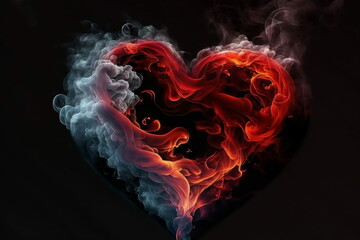 Red smoke and fire on a black background, in the shape of a glowing heart. Room for words. Created by digital art. Room for words