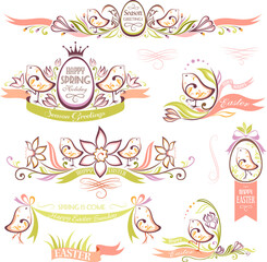 Set of easter decorative emblems with chickens
