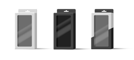 A set of hanging boxes for goods with a cut-out window. Modern illustration of boxes for product design and packaging, and placement in stores.