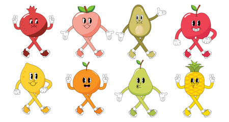Set retro groovy cartoon fruit characters. Modern illustration with cute comics characters. Hand drawn doodles of comic characters. Set in modern cartoon style. 70s retro vibes.