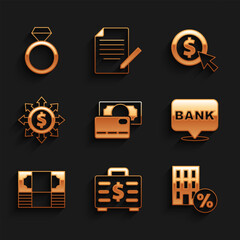 Set Credit card, Briefcase and money, House with percant discount, Bank building, Stacks paper cash, Dollar, share, network, Coin dollar and Diamond engagement ring icon. Vector