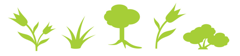 Green plants icon set isolated on white. Tree, grass, flowers and bushes symbols 