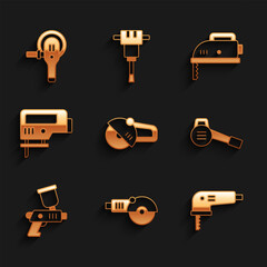 Set Angle grinder, Electric jigsaw, Leaf garden blower, Paint spray gun, and icon. Vector