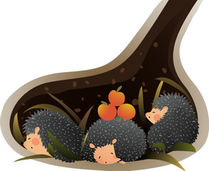 Hedgehog family sleeping or hibernating in a den or burrow. Cute hedgehog animal habitat illustration for children. Kids animal house cartoon, inside the urchin hole. Vector drawing for kids.