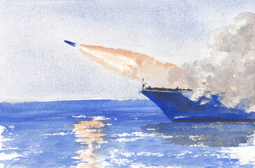 Missiles volley from a ship in sea area.. Hand drawn watercolors on paper textures. Bitmap image