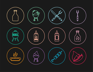 Set line Hot chili pepper pod, Ketchup bottle, Crossed fork and knife, Barbecue grill, Mustard and icon. Vector