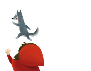 cartoon scene with wolf and little girl in red hood illustration for children