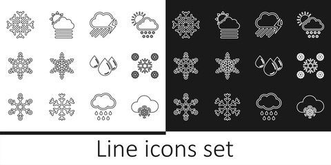 Set line Cloud with snow, Snow, rain and lightning, Snowflake, Water drop and Fog cloud sun icon. Vector