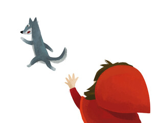 cartoon scene with wolf and little girl in red hood illustration for children