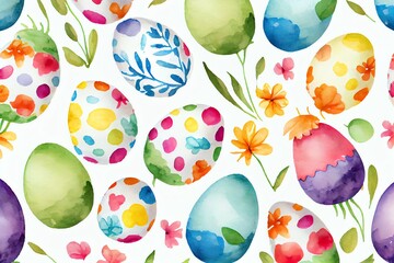 Fototapeta na wymiar Seamless easter pattern of colorful eggs on a white background. Watercolor. Generative AI