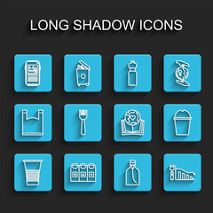 Set line Paper glass, Trash in garbage cans sorted, Stop plastic pollution, Bottle of liquid soap, Ecology infographic, Disposable fork, water and Earth globe and book icon. Vector