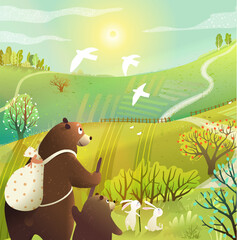 Hiking bears backpack and travel adventures. Animals travelling in wild nature scenery. Backpacker bears in countryside landscape wilderness. Hand drawn vector illustration in watercolor style.