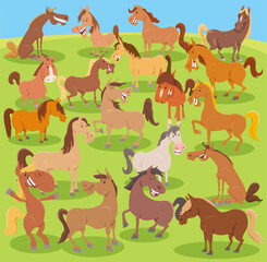 Obraz na płótnie Canvas cartoon horses farm animals comic characters group