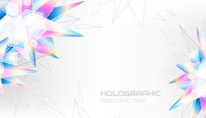 Abstract colorful holographic vector background with triangle geometric star from neon colors and line texture.