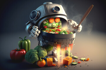 A cute robot cook prepares a healthy vegetarian stir fry with freshly chopped vegetables