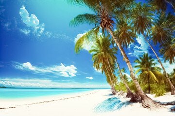 Tropical white sand beach background, coco palm on tropical paradise island.  Perfect beach scene vacation and summer holiday concept. generative AI


