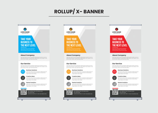 modern corporate red blue yellow color roll-up stand banner layout for company promotion 