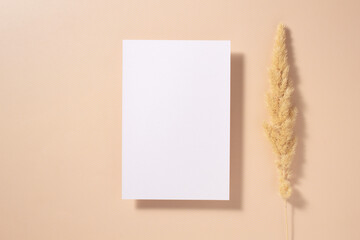 White paper empty blank, dried grass decoration on beige background. Invitation card mockup on...