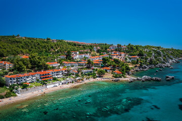 Fototapeta na wymiar Panorama of Loutra, Pallini - small, beautiful tourist village by the sea on Kassandra peninsula, Halkidiki (Chalkidiki), Greece