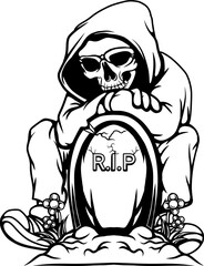 vector outline haunted grave and skulls