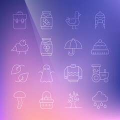 Set line Cloud with rain, Tractor, Winter hat, Dove, Jar of honey, Hedgehog, School backpack and Umbrella icon. Vector