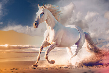 Obraz na płótnie Canvas Beautiful white horse galloping along the beach. Generative AI.4