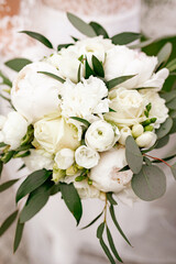Valentines Day Valentine love wedding bouquet flowers roses white peony rose beautiful couple romantic romance bride bridal eucalyptus bunch