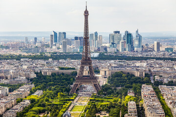 The Eiffel Tower in Paris and the panorama of La Defense business district, France