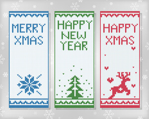 Knitted banners with christmas and new year season greetings.