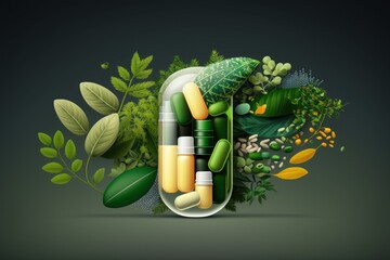 Fototapeta Alternative medicine herbal organic capsules with vitamin E, omega 3 fish oil, minerals, and drugs with herbal leaves are natural supplements for a healthy, happy life. Generative AI obraz