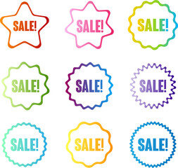 Rainbow badges with sale text. Vector label collection.